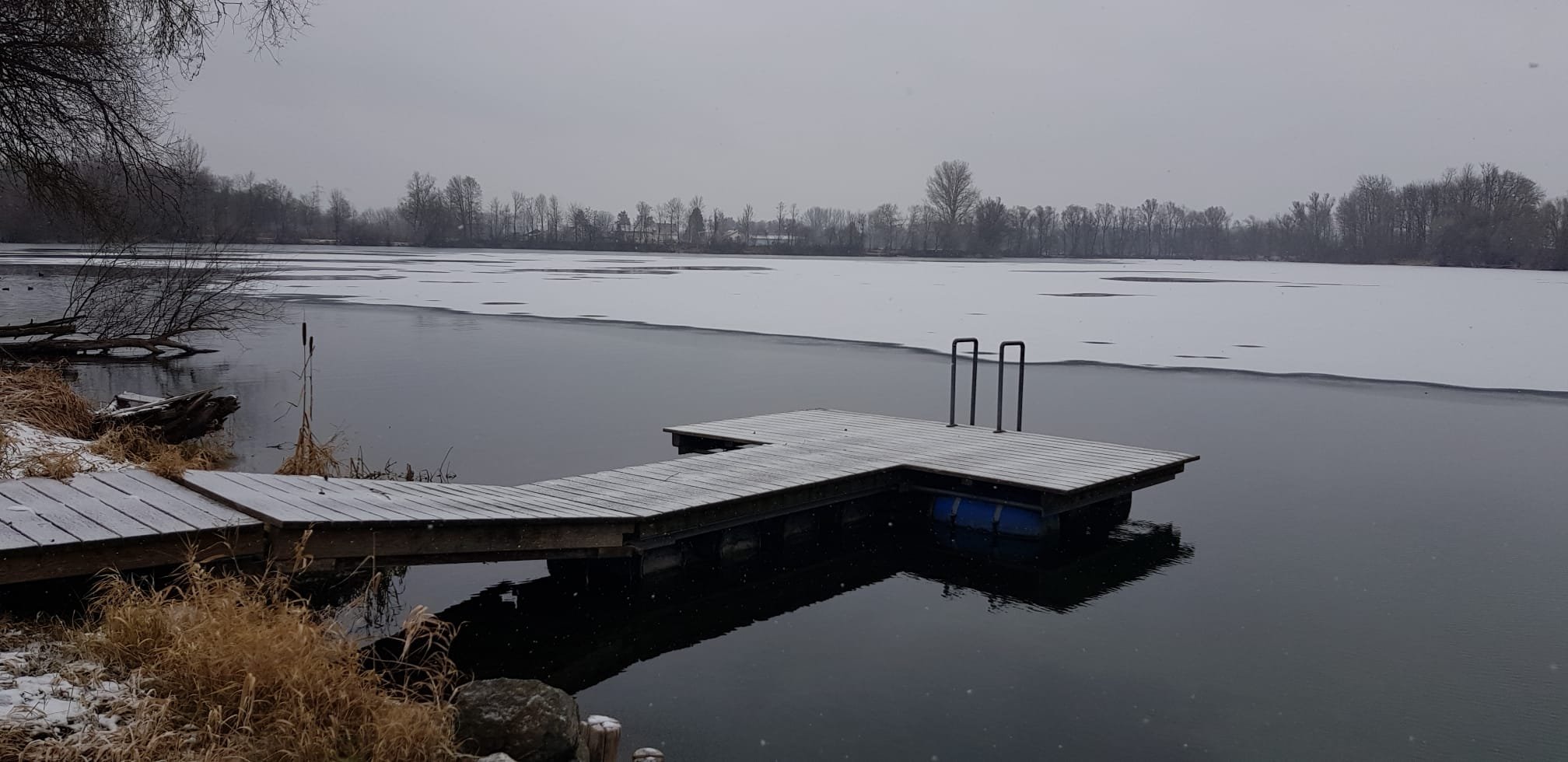Pavillon und Ufer des Gurrenhofsees im Winter